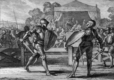 Gerechtigkeit unter den Kapetingern: Ein Duell in Rüstung zwischen zwei Vasallen zur Schlichtung eines Streits. Ein Gericht („Gericht der Peers oder Barone“) versuchte zunächst, ihren Streit beizulegen. Im Falle eines Scheiterns würden sie sich in einem Ka von Jean Michel the Younger Moreau