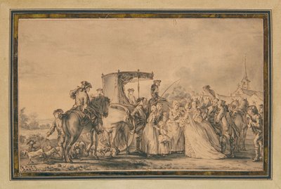 Marie Antoinette, die aus ihrer Kutsche steigt und von ihrem Gefolge umgeben ist, tröstet einen Bauern von Jean Michel the Younger Moreau