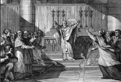 Szene der Exkommunikation unter den Kapetingern: Wir legen das Kreuz auf die Stufen des Altars, wir drehen die brennenden Kerzen um, während die Geistlichen die Exkommunizierten verfluchen. 10. Jahrhundert. Gravur von Jean Michel Moreau, genannt Moreau le  von Jean Michel the Younger Moreau