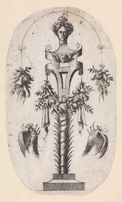 Entwurf für einen Pfeiler mit dem Kopf einer Frau, Riemenwerk und Trophäen, 1535-55 von Jean Mignon