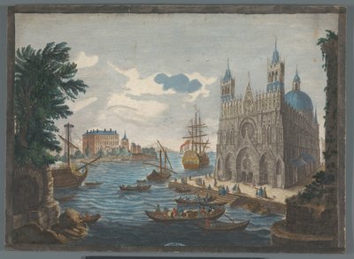 Ansicht einer gotischen Kathedrale am Wasser von Jean Moyreau