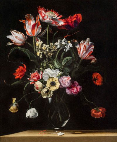 Tulpen, Narzissen, Nelken, Mohnblumen, Anemonen und andere Blumen in einer Glasvase auf einem Holzvorsprung, eines von einem Paar, 17. Jahrhundert von Jean Picart