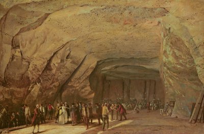 Eingang und Inneres einer Höhle, die als Salzlager genutzt wird in Dieppedalle, ca. 1798 von Jean Pierre Houel