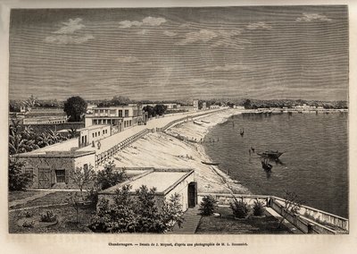 Chandernagor (heutiges Chandannagar, in Westbengalen), am Ufer des Ganges, Gravur nach der Zeichnung von J. Moynet, zur Illustration der Reise in Indien der Rajahs, 1864-1868, von Louis Rousselet, veröffentlicht in „Le tour du monde“ 1874, herausgegeben von Jean Pierre Moynet