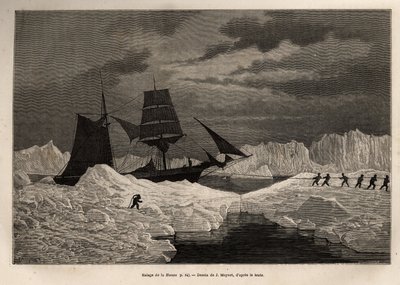Das Schleppen des deutschen Schiffes La Hansa, durch seine Besatzung, um eine Eisbarriere zu durchqueren, graviert nach der Zeichnung von J. Moynet, zur Illustration der Reise der Schiffe La Germania und La Hansa zum Nordpol 1869-1870, von Kapitän Hegemann von Jean Pierre Moynet