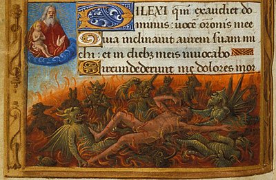 Stundenbuch, Detail: Dives von Dämonen gequält und von der Seele des Lazarus beobachtet, ca. 1500 von Jean Poyet