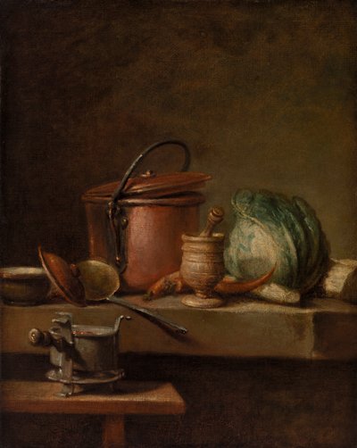 Stillleben mit Kupfertopf, Kohl, Mörser und Herd von Jean Baptiste Simeon Chardin