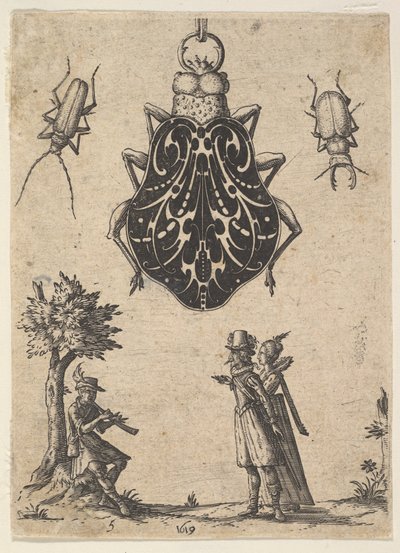 Anhänger in Form eines Käfers mit einem Paar und einem jungen Mann, der ein Instrument spielt, 1619 von Jean Toutin