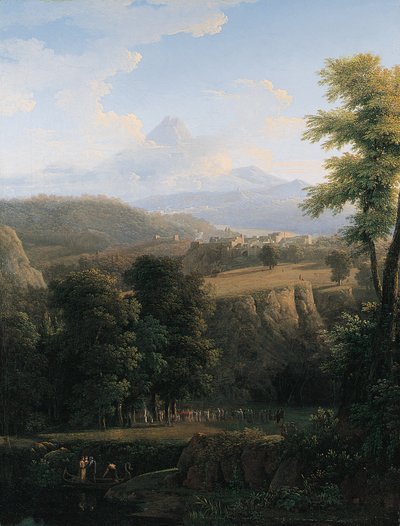 Eine feierliche Prozession in einer weiten Landschaft von Jean Victor Bertin