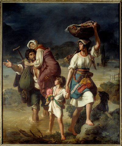 Eine Familie von Contadini, überrascht von einer schnellen Überschwemmung des Tiber, flieht durch die Wasser. Genannt Bauern der römischen Landschaft, die vor einer Flut fliehen. Gemälde von Victor Schnetz von Jean Victor Schnetz
