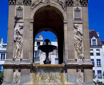 Architektur: Detail des Brunnens der Unschuldigen, der die Nymphen darstellt von Jean and Lescot Pierre Goujon