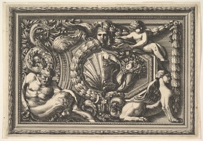 Entwurf für ein Paneel mit zwei Varianten, die einen Satyr und eine Sphinx enthalten, aus: Panneaux, 17. Jahrhundert von Jean le Pautre