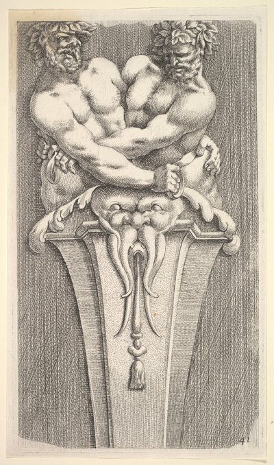 Entwurf für einen Pfeiler mit zwei bacchischen Figuren, aus: Curieuses recherches de plusieurs beaus ..., 1645 von Jean le Pautre