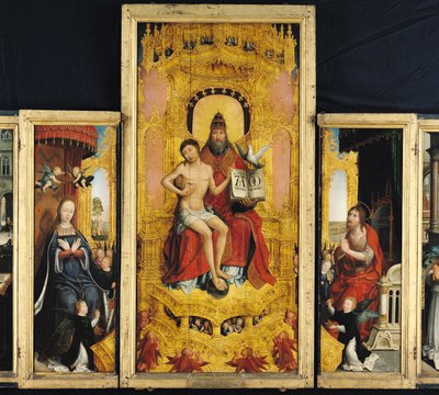Polyptychon der Verherrlichung der Heiligen Dreifaltigkeit, zentrale Tafel zeigt die Dreifaltigkeit, die Jungfrau und Johannes den Täufer, c.1509-16 von Jean the Elder Bellegambe