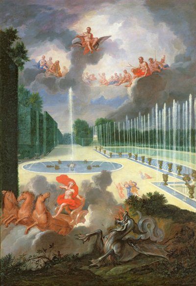 Die Haine von Versailles. Blick auf den Drachenbrunnen und den Neptunbrunnen, mit Apollo, der Python tötet von Jean the Younger Cotelle