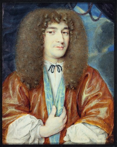 Ein Herr in weißem Hemd und orangefarbener Robe mit blauer Seide gefüttert, lange hellbraune Perücke von Jean the Younger attr.to Petitot