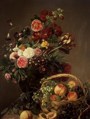 Stillleben mit Blumen und Früchten in einem Korb von Jeanne Marie Josephine Hellemans