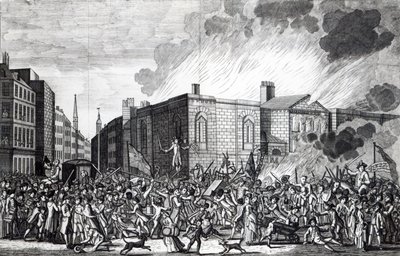 Eine genaue Darstellung der Verbrennung, Plünderung und Zerstörung von Newgate durch die Aufständischen am denkwürdigen 7. Juni 1780, graviert von Henry Roberts, 1781 von Jefferyes Hammett O