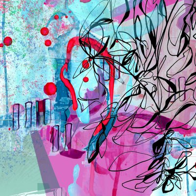 Lebendige pink-blaue Abstraktion von Jenja Braun