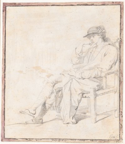 Ein junger Mann mit Hut und Morgenmantel. Ganze Figur sitzend, nach links gewandt von Jens Juel