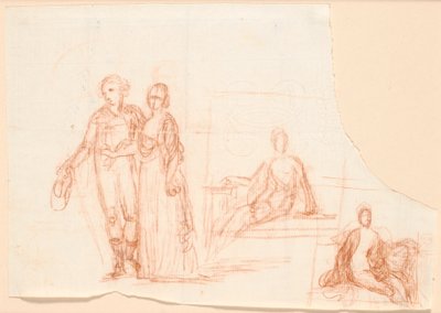 Kompositionsentwurf für das Rybergsche Familienbild; rechts Entwurf einer sitzenden Frauenfigur von Jens Juel