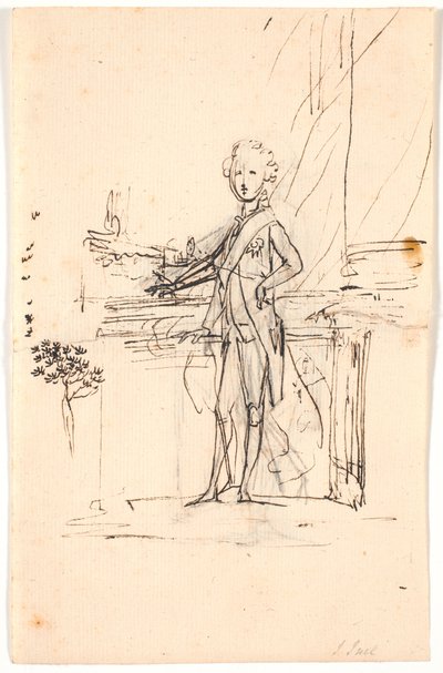 Kompositionsentwurf für ein Ganzkörperporträt von Friedrich dem Sechsten als junger Kronprinz. Stehend an einem Tisch, en face nach links von Jens Juel