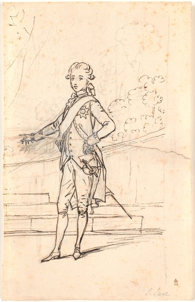 Kompositionsentwurf für ein Ganzkörperporträt von Frederik dem Sechsten als junger Kronprinz. Stehend en face mit rechter Hand in der Seite und linker Hand auf einem Tisch gestützt von Jens Juel