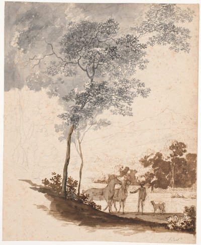 Schweizer Landschaft mit einem Reiter, der zwei Pferde und ein paar Hunde hält; Studie zum Porträt von Jean-Armand Tronchin von Jens Juel