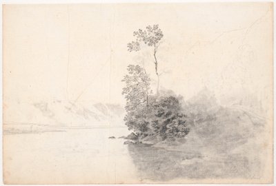 Schweizer Landschaft mit Bäumen auf einer Landzunge in einem See von Jens Juel