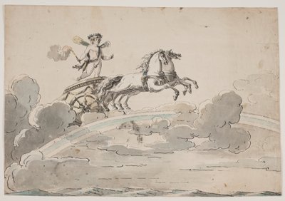 Amor (Eros) fährt in einem Wagen auf dem Regenbogen von Jens Petersen Lund