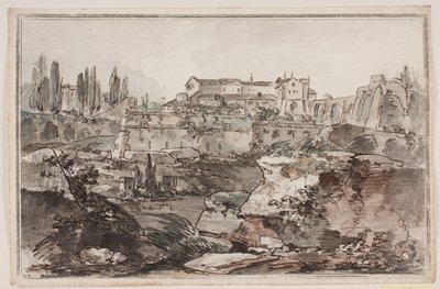 Prospekt mit Festung (?), Ruinen, Felsen und Wasser von Jens Petersen Lund