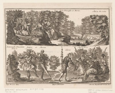 Zwei Theaterszenen mit Figuren in einer waldreichen Landschaft von Jeremias Wachsmuth
