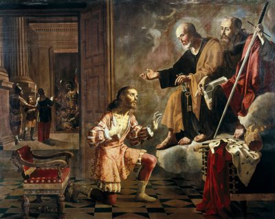 Mit den Aposteln St. Peter und St. Paul, die dem römischen Kaiser Konstantin I. dem Großen erscheinen, dem ersten Kaiser, der zum Christentum konvertierte von Jeronimo Jacinto Espinosa