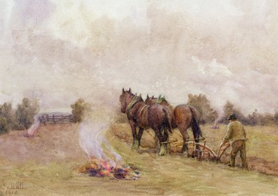 Pflügszene mit Feuern auf einem Feld, 1910 von Jessie Hall