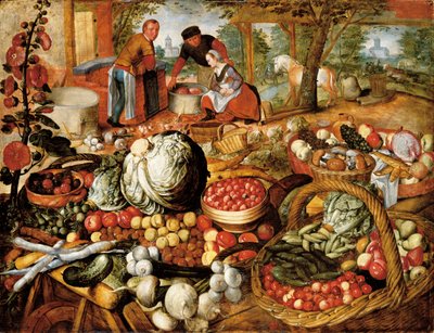 Gemüsestand mit der Flucht nach Ägypten im Hintergrund von Joachim Beuckelaer