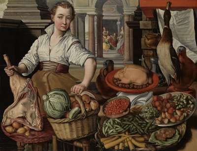Küchenszene, mit Jesus im Haus von Martha und Maria im Hintergrund, 1569 von Joachim Beuckelaer