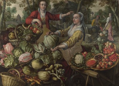 Die vier Elemente: Erde. Ein Obst- und Gemüsemarkt mit der Flucht nach Ägypten im Hintergrund - von Beuckelaer (Bueckelaer), Joachim (1533-1574) - 1569 National Gallery, London von Joachim Beuckelaer