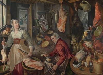 Die vier Elemente: Feuer. Eine Küchenszene mit Christus im Haus von Martha und Maria im Hintergrund - von Beuckelaer (Bueckelaer), Joachim (1533-1574) - 1569 National Gallery, London von Joachim Beuckelaer