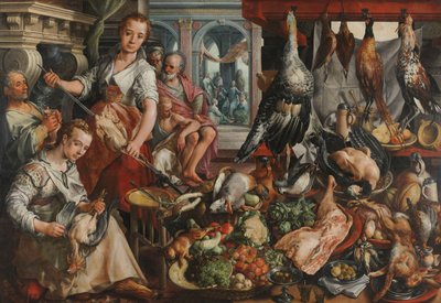 Die gut ausgestattete Küche, mit Jesus im Haus von Martha und Maria im Hintergrund von Joachim Bueckelaer
