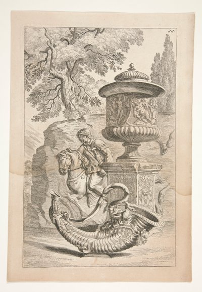 Ein Relief von Kriegern, eine bedeckte Vase mit einem bacchischen Relief und ein Füllhorn in einer Landschaft von Joachim von Sandrart