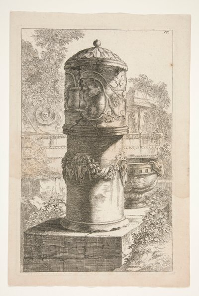 Eine hohe bedeckte Urne und eine Schale in einer Landschaft mit klassischen Ruinen von Joachim von Sandrart