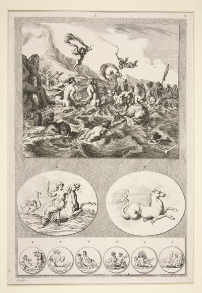 Obere Hälfte: Nereiden spielen Untere Hälfte: Zwei Reliefs und sechs Münzen von Joachim von Sandrart