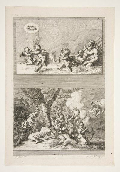 obere Hälfte: Ein Flussgott und Putti spielen mit den Symbolen des Ruhms untere Hälfte: Die Bestrafung des Amor von Joachim von Sandrart