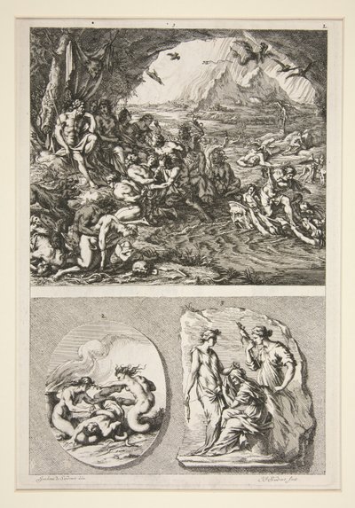 obere Hälfte: Quos Ego? untere Hälfte: Zwei antike Reliefs: Die drei Schicksalsgöttinnen und ein unbekanntes Thema von Joachim von Sandrart