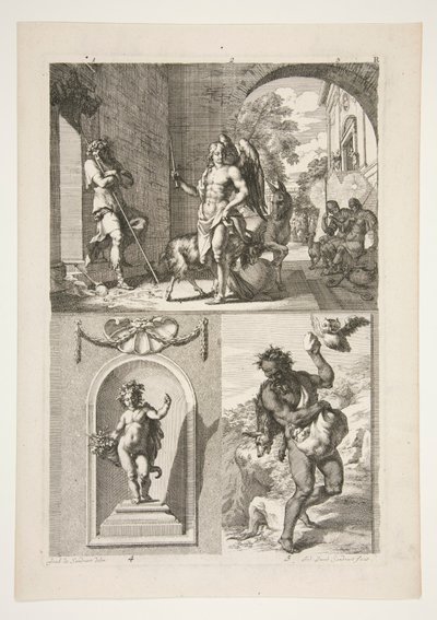 obere Hälfte: Unbekanntes religiöses Thema untere Hälfte: Eine Statue eines Putto in einer Nische und eine Statue eines Fauns in einer Landschaft von Joachim von Sandrart