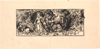 Prinzessin führt schwarzes Pferd zu sitzendem Ritter im Wald von Joakim Frederik Skovgaard