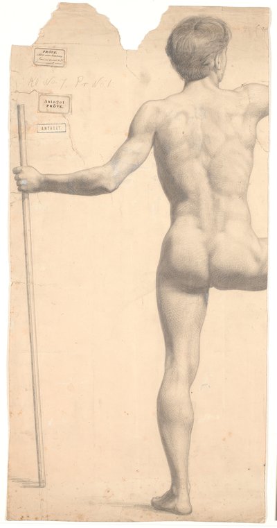 Stehendes männliches Modell, von hinten gesehen, Stock in der linken Hand, rechter Arm und Bein abgeschnitten von Joakim Frederik Skovgaard