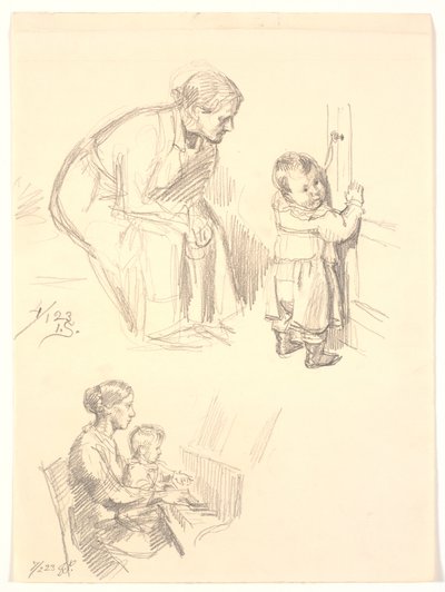 Zwei Figurenstudien. Oben eine sitzende Frau, die ein Kind an einer Tür beobachtet; unten eine Frau mit einem Kind am Klavier von Joakim Frederik Skovgaard