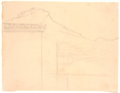 Aussicht auf Gebäude auf einem Felsvorsprung; im Vordergrund links eine Hausecke von Joakim Frederik Skovgaard