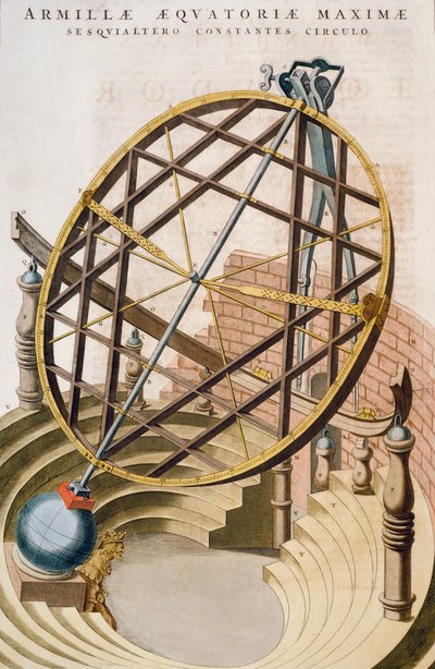 Große äquatoriale Armillarsphäre entworfen von Tycho Brahe, Illustration aus Le grand atlas ou Cosmographie blaviane (Atlas Maior) von Joan Blaeu